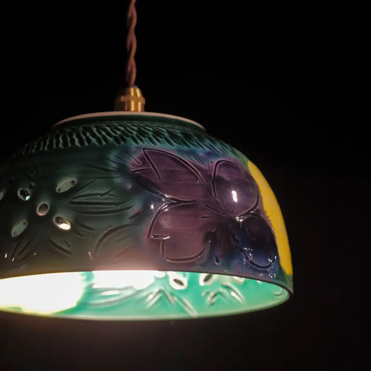 万古焼|千陶作|緑・紫・黄|菓子鉢|ペンダントライト