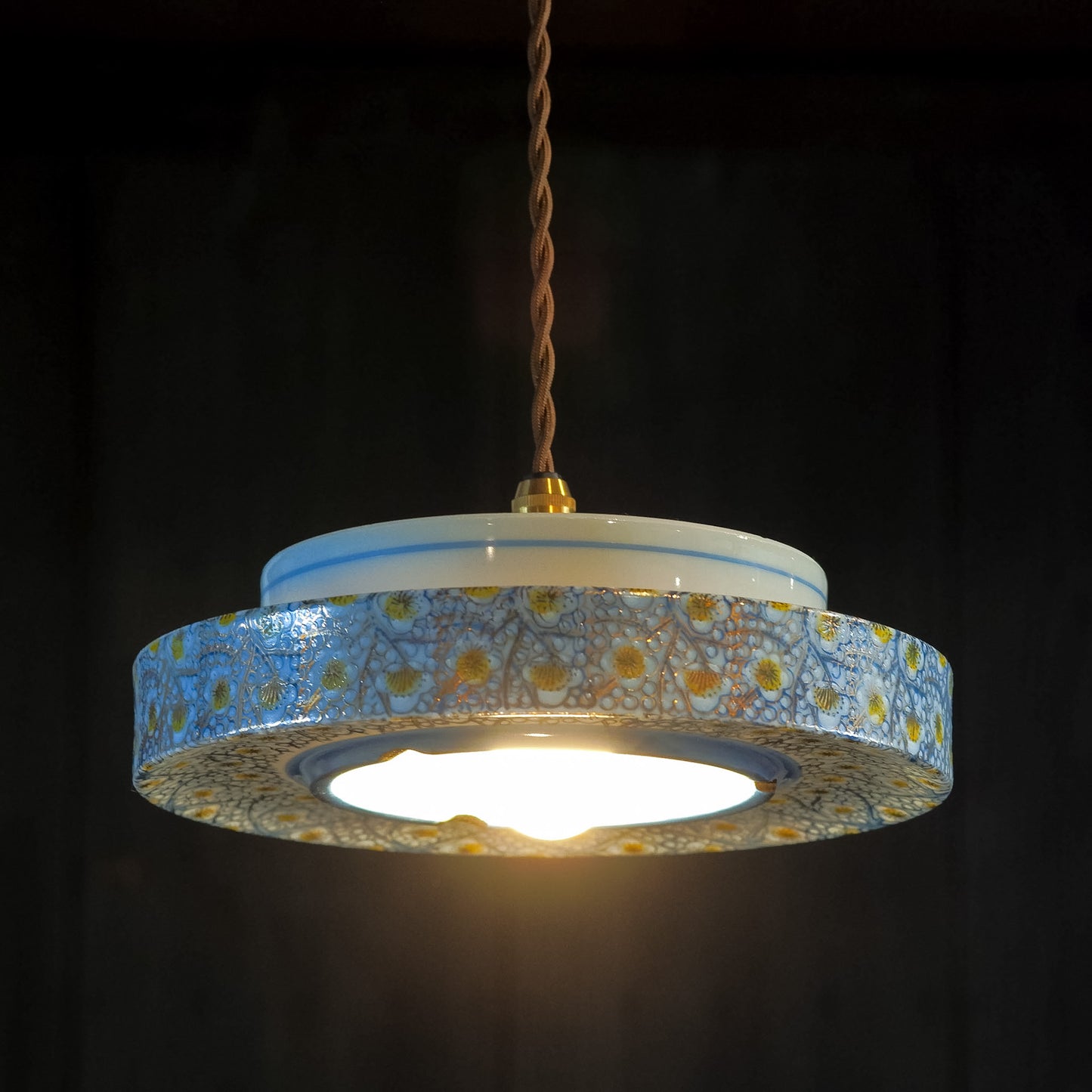 Kutani ware | Kutani Senryu | Plum blossoms | Blue, yellow, and gold | Pendant light