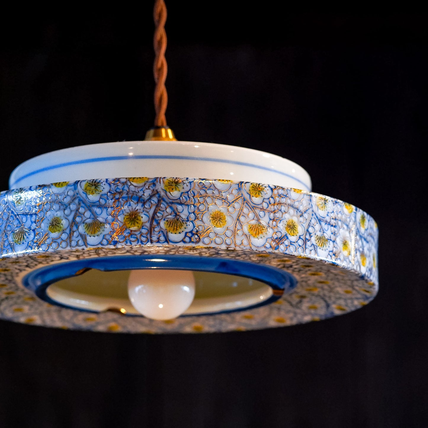 Kutani ware | Kutani Senryu | Plum blossoms | Blue, yellow, and gold | Pendant light