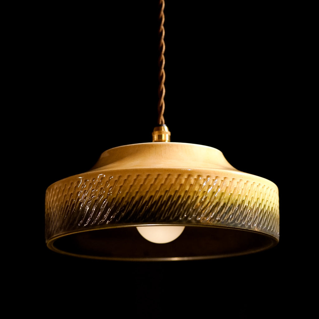 作地未詳｜小鹿田焼?｜緑・ベージュ｜鉢｜ペンダントライト