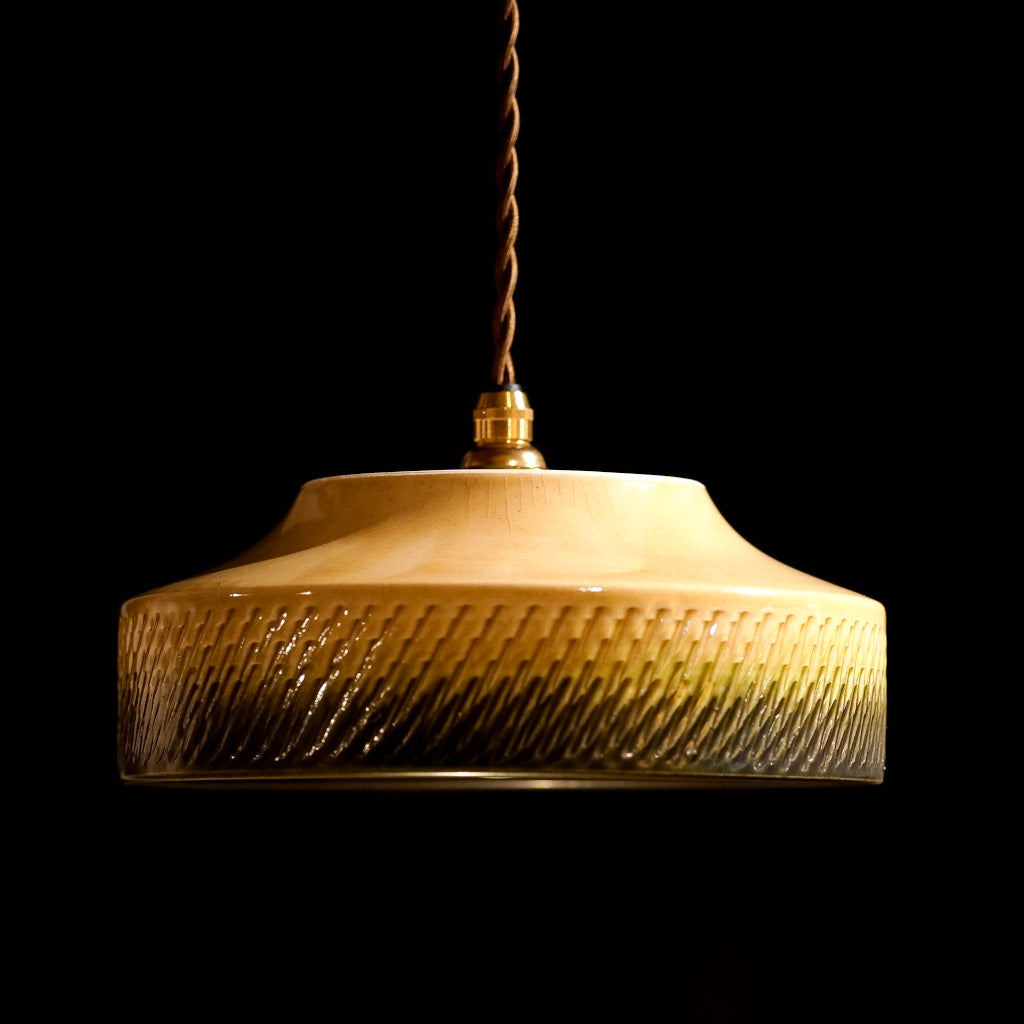 作地未詳｜小鹿田焼?｜緑・ベージュ｜鉢｜ペンダントライト