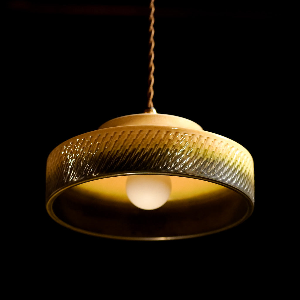 作地未詳｜小鹿田焼?｜緑・ベージュ｜鉢｜ペンダントライト